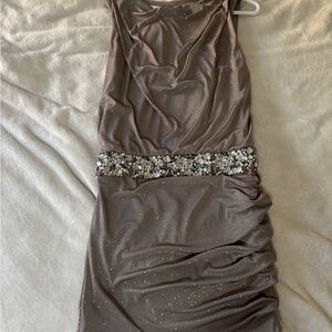 Jodi Kristopher Shimmering Taupe Dress with Embellished Waist